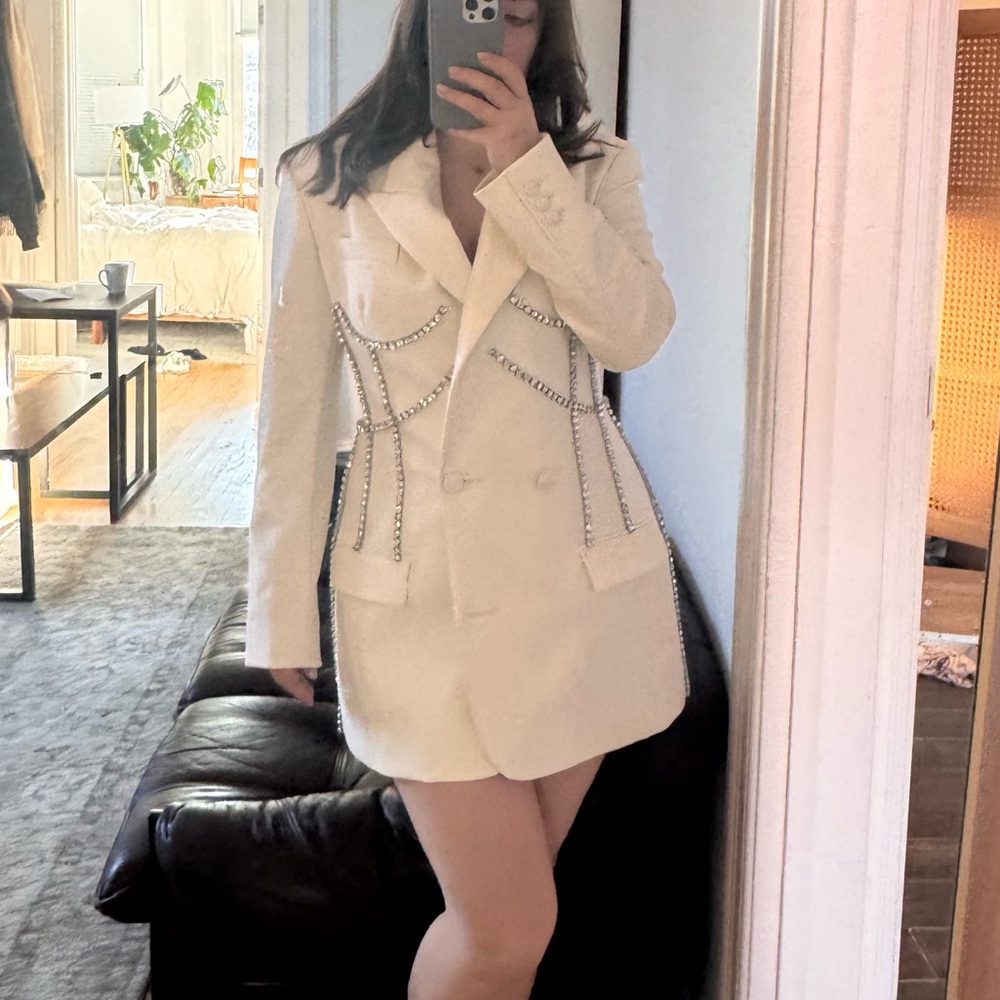 AREA White Crystal Stitched Corset Blazer Dress